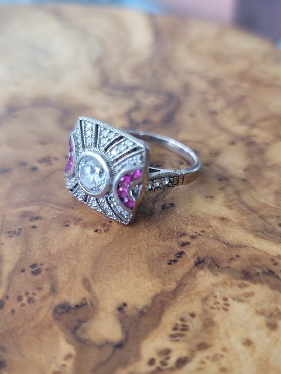 QVC Jewelry - Synthetic Diamond, Ruby & Sterling Art Deco Style Ring by Joseph Esposito